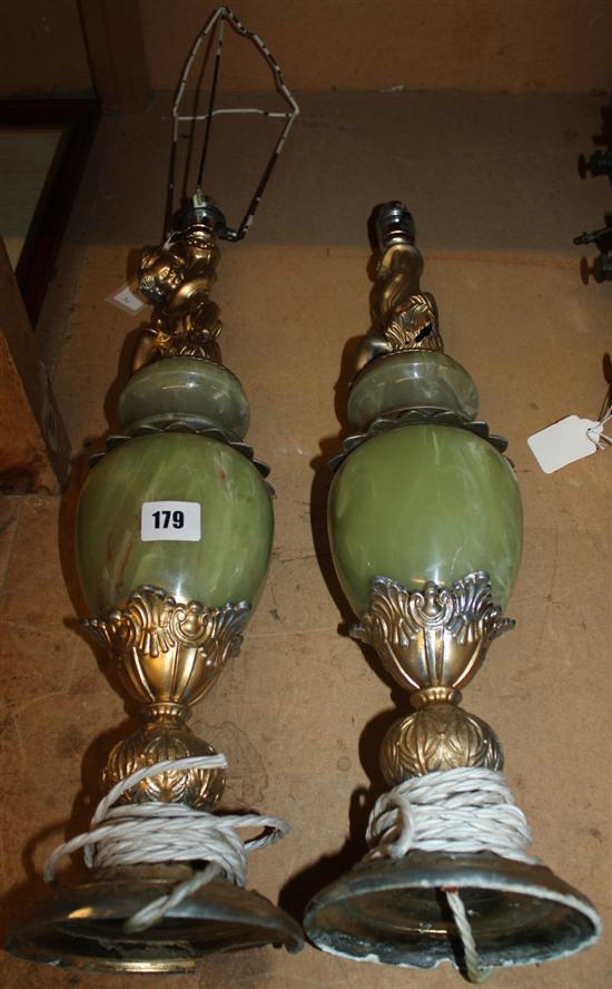 Pair of onyx cherub lamps(-)